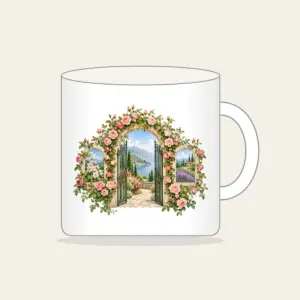 Rose Garden Gate Arch Mug in white: An arched garden gate wrapped in blush and green climbing roses, with botanical and landscape scenes in its openings.