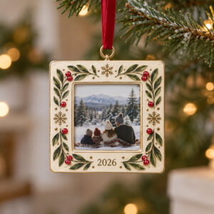 Square picture-frame ornament with olive and berry border and the year 2026