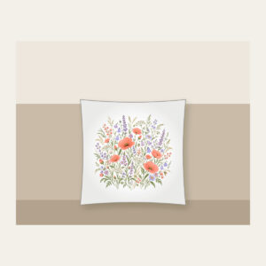Coral and Lilac Wildflower Meadow Pillow in white: Wildflowers and swaying grasses in coral, lilac and sage spread across a cream ground.