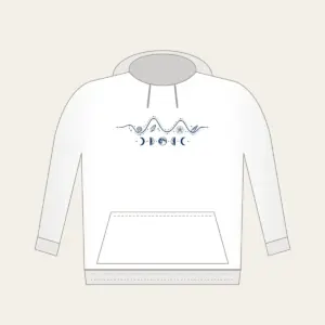 Tide Chart and Moon Phases Hoodie in white: A navy line-art tide curve dotted with tiny shells, with five moon phases beneath.
