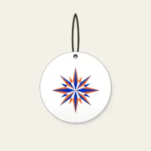 Cobalt Starburst Pattern Ceramic Ornament in white: A starburst pattern in cobalt and orange over a cream field.