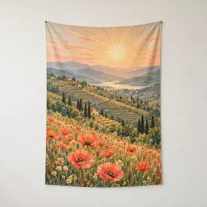 Terrace Sunrise Tapestry with tall composition of terraced hills under a rising sun with poppies in the foreground in coral, gold and green