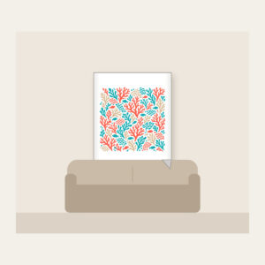 Coral Branch and Fish Scale Mosaic Fleece Blanket in white: An all-over mosaic of coral branches and small fish scales in coral, turquoise and sand.