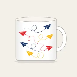 Paper Planes and Dotted Flight Paths Mug in white: Paper planes trace dotted flight paths across cream in navy, red and yellow.
