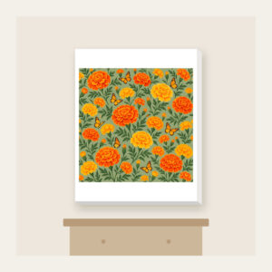 Marigolds and Butterflies on Sage Canvas Print in white: An all-over repeat of marigolds and small butterflies in orange and yellow on a sage ground.