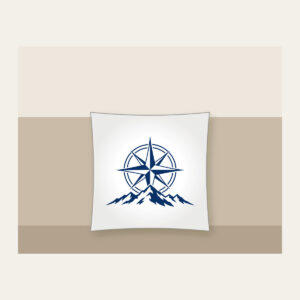 Compass Rose over a Ridge Line Pillow in white: A compass rose rests over a simple ridge line in navy and white.