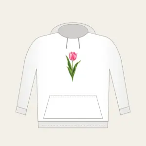Single Pink Tulip with Long Leaves Hoodie in white: A single tall tulip with long leaves in pink and green.