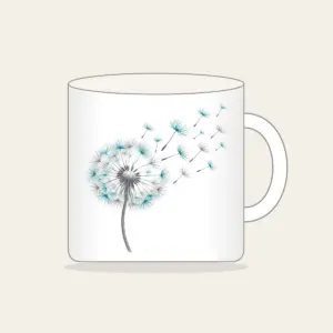 Dandelion Seed Head Drifting Away Mug in white: A dandelion seed head releases seeds in grey and teal on white.