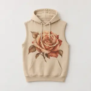 Desert Rose Sleeveless Hoodie with a single large rose in sand and rust tones on the chest with a few leaves
