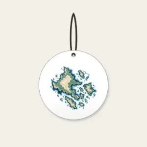 Topographic Coastline and Islands Map Ceramic Ornament in white: Topographic contours of a coastline and islands in navy, sea green and sand on cream.