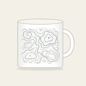 Topographic Contour Lines with a Single Peak Mug in white: Topographic contour lines in slate and cream with one small peak mark.