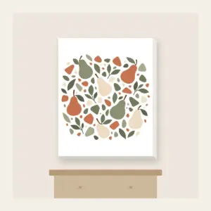 Pear and Pebble Terrazzo Garden Canvas Print in white: All-over terrazzo of pears, leaves and pebbles in sage, terracotta and cream.