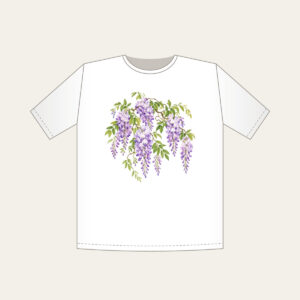 Cascading Wisteria Blossoms T-Shirt in white: Lilac wisteria blossoms cascade across a pale ground, threaded with fresh green leaves.