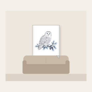 Snowy Owl on a Frosted Branch Fleece Blanket in white: A snowy owl on a frosted branch in white, grey and ice blue.