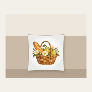 Baguette and Pear Basket Pillow in white: A woven basket holds a baguette, two pears and white daisies in warm tan, green and cream.