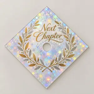 A hologram acrylic cap topper sheet with a round central cut-out and Next Chapter lettering.
