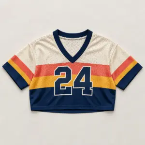 Mesh V-Neck Crop Jersey with Sun Stripes with sunrise stripes across the chest in coral, gold and navy with number "24"