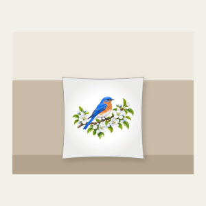 Bluebird on Blossoming Branch Pillow in white: A bluebird perches on a blossoming branch in blue, white and green.