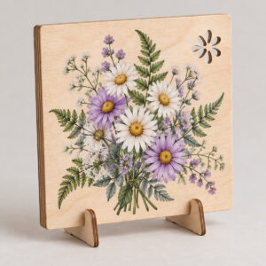 Pressed Posy Wooden Plaque Card with plaque card with a pressed posy of daisies and ferns in lilac, white and green