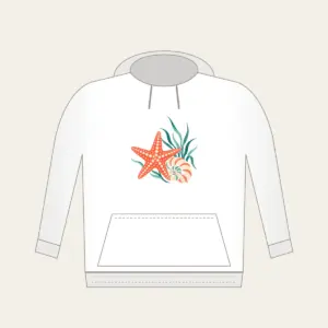 Starfish, Spiral Shell and Sea Grass Hoodie in white: A starfish, a spiral shell and a sprig of sea grass in coral, cream and teal.