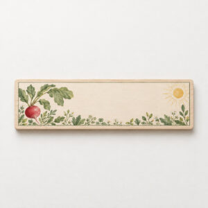 Radish and Sun Garden Strip Tag with horizontal strip illustration about 4:1: a small red radish with green leaves at the left end, a small round sun at the right end, and clear whitespace between them, cream background and thin border