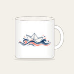 Folded Paper Boat on Navy Waves Mug in white: A folded paper boat on fine-lined waves in navy and coral.