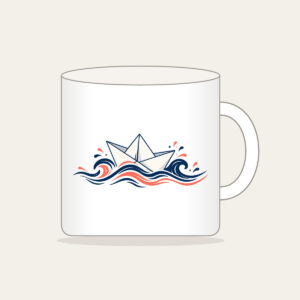 Folded Paper Boat on Navy Waves Mug in white: A folded paper boat on fine-lined waves in navy and coral.