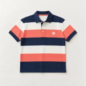 Seaside Stripe Polo with wide stripes in navy, white and coral with a small shell at the chest
