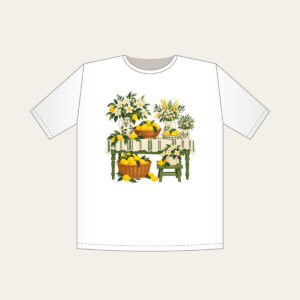 Lemon and Flower Market Stall T-Shirt in white: A market table piled with lemons and blossoms in lemon yellow, cream and green.