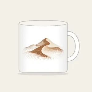 Rolling Dune in Topographic Lines Mug in white: Topographic contour lines shaped into a rolling dune, drawn in warm brown and cream.