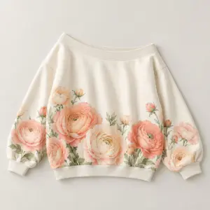 Ranunculus Hem Off-Shoulder Sweatshirt with oversized ranunculus blooms in peach and blush clustered along the hem