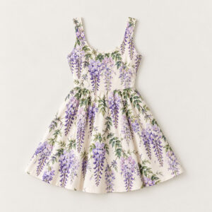 Wisteria Bloom Sleeveless Dress with hanging wisteria clusters in lilac and violet with green leaves on a cream base