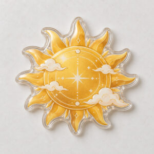 Rounded acrylic fridge magnet printed with a golden sunbeam