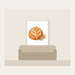 Sourdough Loaf and Wheat Sprig Fleece Blanket in white: A round scored sourdough loaf with a small wheat sprig in golden brown, cream and sage.
