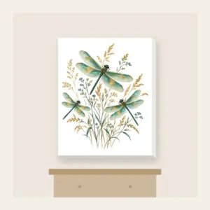 Dragonflies over Meadow Grasses Canvas Print in white: Teal and gold dragonflies hover over fine meadow grasses.