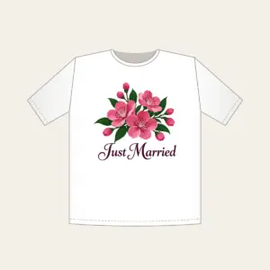Cherry Blossoms and Just Married Wording T-Shirt in white: A cluster of cherry blossoms in deep rose pink and dark green, with the words “Just Married” in dark plum below.