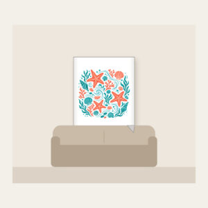 Tide-Pool Starfish Pattern Fleece Blanket in white: Starfish, small shells and ripples gather in a tide-pool repeat in coral and teal.