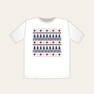 Alpine Star and Pine Border Bands T-Shirt in white: Bands of stars and pine trees in cream, rust and navy, repeating like an alpine border.