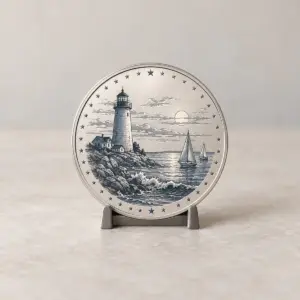Quiet Harbour Commemorative Coin with coin face with a lighthouse and two sailboats in engraved-look lines and a ring of tiny stars, Silver colourway, 2-side printed