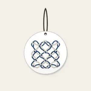 Navy Rope Knot Lines Ceramic Ornament in white: Rope knot lines weave across the artwork in navy and cream.