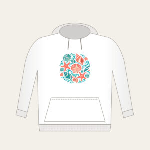 Shells, Starfish and Ripples Hoodie in white: Seashells, starfish and gentle ripples drift across the pattern in coral, teal and cream.