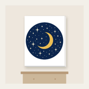 Midnight Stars and Golden Crescent Moon Canvas Print in white: A midnight-blue field with small cream stars and a gold crescent moon.