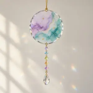 Prism Teardrop Glass Ornament with Crystal Charm with artwork of watercolour wash in lilac and teal with a thin gold line and tiny stars, Teardrop W Rainbow Chain type