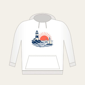 Lighthouse and Two Sailboats Hoodie in white: A navy lighthouse, two cream sailboats outlined in navy and a coral rising sun.