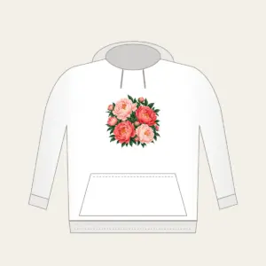 Big Peonies on Deep Green Hoodie in white: Large peonies in blush and coral with leaves on a dark green ground.