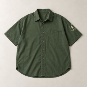 Trailhead Patch Pocket Shirt with a small shoulder patch with a pine badge and the exact text "Trailhead" in cream on forest green