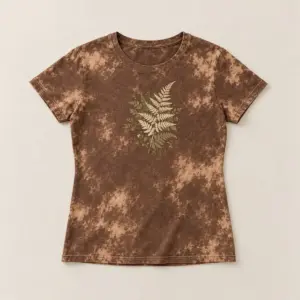 Brown Bleached Women's Fern Tee with compact front chest panel print of a fern frond silhouette in cream and moss, designed to sit quietly on a bleach-effect tee in Brown