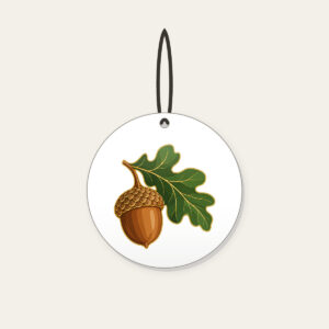 Gold-Outlined Acorn and Oak Leaf Ceramic Ornament in white: A single acorn with an oak leaf in warm brown and green with a thin gold outline.