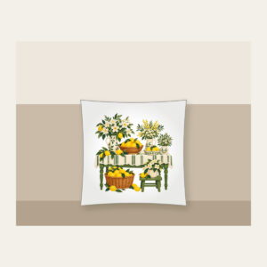 Lemon and Flower Market Stall Pillow in white: A market table piled with lemons and blossoms in lemon yellow, cream and green.