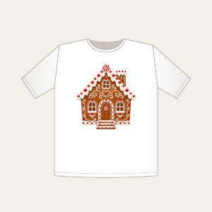 Gingerbread Cottage with Icing Swirls T-Shirt in white: A gingerbread-style cottage with white icing swirls and candy dots in brown, white and red.